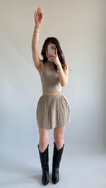 Triko Crop Pileli Etek Takım Bej