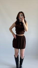 Triko Crop Pileli Etek Takım Kahverengi