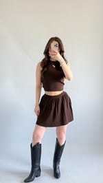 Triko Crop Pileli Etek Takım Kahverengi