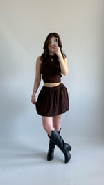 Triko Crop Pileli Etek Takım Kahverengi
