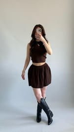 Triko Crop Pileli Etek Takım Kahverengi