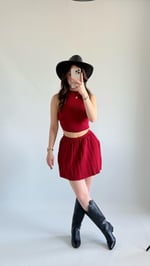 Triko Crop Pileli Etek Takım Kırmızı