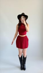 Triko Crop Pileli Etek Takım Kırmızı