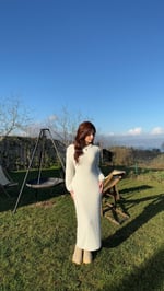 Triko Havlu Dokulu Elbise Beyaz