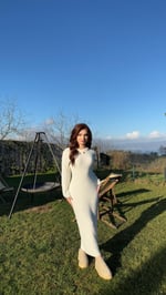 Triko Havlu Dokulu Elbise Beyaz