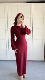 Triko Havlu Dokulu Elbise Bordo