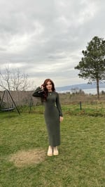 Triko Havlu Dokulu Elbise Haki