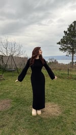 Triko Havlu Dokulu Elbise Siyah
