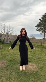 Triko Havlu Dokulu Elbise Siyah