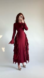 Tütülü Etek Elbise Uzun Bordo