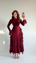 Tütülü Etek Elbise Uzun Bordo