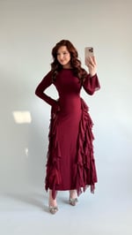 Tütülü Etek Elbise Uzun Bordo