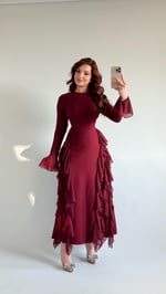 Tütülü Etek Elbise Uzun Bordo