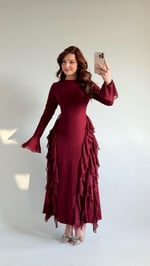Tütülü Etek Elbise Uzun Bordo