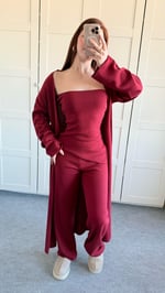 Üçlü Hırka Triko Takım Bordo