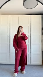 Üçlü Hırka Triko Takım Bordo