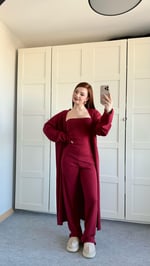 Üçlü Hırka Triko Takım Bordo