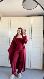 Üçlü Hırka Triko Takım Bordo