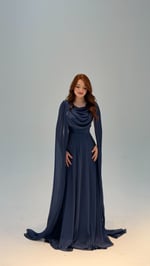 Velvet Pelerinli Abiye Lacivert