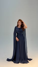 Velvet Pelerinli Abiye Lacivert