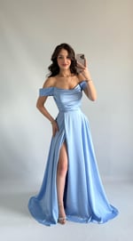Viola Saten Düşük Omuz Bebe Mavisi Abiye
