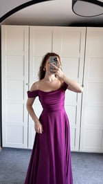 Viola Saten Düşük Omuz Mürdüm Abiye