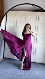 Viola Saten Düşük Omuz Mürdüm Abiye