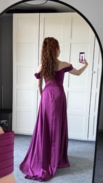 Viola Saten Düşük Omuz Mürdüm Abiye