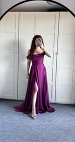 Viola Saten Düşük Omuz Mürdüm Abiye