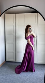 Viola Saten Düşük Omuz Mürdüm Abiye