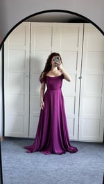 Viola Saten Düşük Omuz Mürdüm Abiye