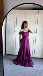 Viola Saten Düşük Omuz Mürdüm Abiye