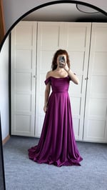 Viola Saten Düşük Omuz Mürdüm Abiye