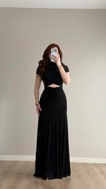 Yaka Tül Büzgülü Etek Dökümlü Elbise Siyah