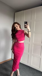 Yandan Drapeli Etek Takım Koyu Pembe