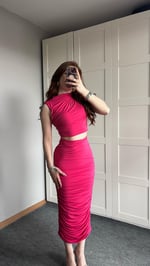 Yandan Drapeli Etek Takım Koyu Pembe