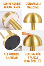 Mantar Masa Lambası Gold Renk Kablosuz Ledli 3renk Dokunmatik Şarjlı