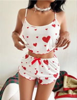 Arias Closet Beyaz Üstüne Kırmızı Kalp Desenli İnce Askılı Şortlu Pijama Takımı