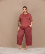 Arias Closet Büyük Beden Viskon Şık Tasarım Kelebek Desenli Bordo Kısa Kol Kapri Takım