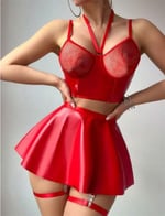 Arias Closet Kırmızı Etekli Pileli Jartiyer Görünümlü Fileli Fantezi Deri Elbise