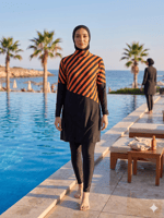 Arias Closet Paraşüt Turuncu Çizgili Tam Kapalı Büzgülü Spor Likralı Tesettür Mayo Takımı