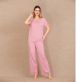 Arias Closet Viskon Şık Tasarım Dantel İşlemeli Pembe Kısa Kol Pijama Takımı