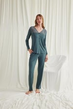 Arias Closet Yakası Omzu ve Paçası Dantelli Boydan Düğmeli Pijama Takımı
