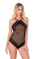 Dantel İşlemeli Siyah File Tül Bodysuit