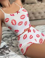 Kadın Beyaz Dudak Desenli Seksi Gecelik Takım 5021