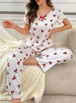 Kadın Beyaz Kiraz Desenli Kısa Kollu Yumuşak Pijama Takımı 5128
