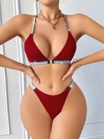 Kadın Bordo Love Yazılı Arkası Çarpraz Mayo Bikini 5169