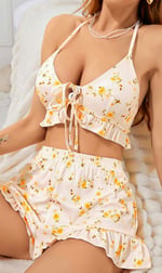 Kadın Çiçekli Ekru Askılı Şortlu Pijama Takım 5017