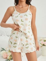 Kadın Ekru Çiçek Baskılı Şortlu Gecelik Pijama Takımı 5047