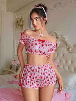 Kadın Pembe Çilek Desenli Fantezi Şort takım 2156
